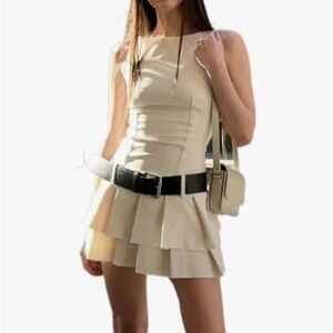 Chic Beige Sleeveless Dress with Belt